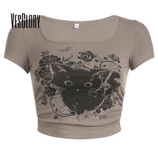 Vesglory เสื้อครอปท็อปลําลอง แขนสั้น คอยู พิมพ์ลาย สไตล์เรโทร แฟชั่นสําหรับสตรี 2023