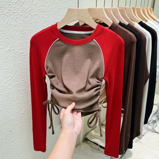 Milyfashion Pure Desire Raglan เสื้อยืดแขนยาว เปิดไหล่ สไตล์อเมริกัน เรียบง่าย สําหรับผู้หญิง