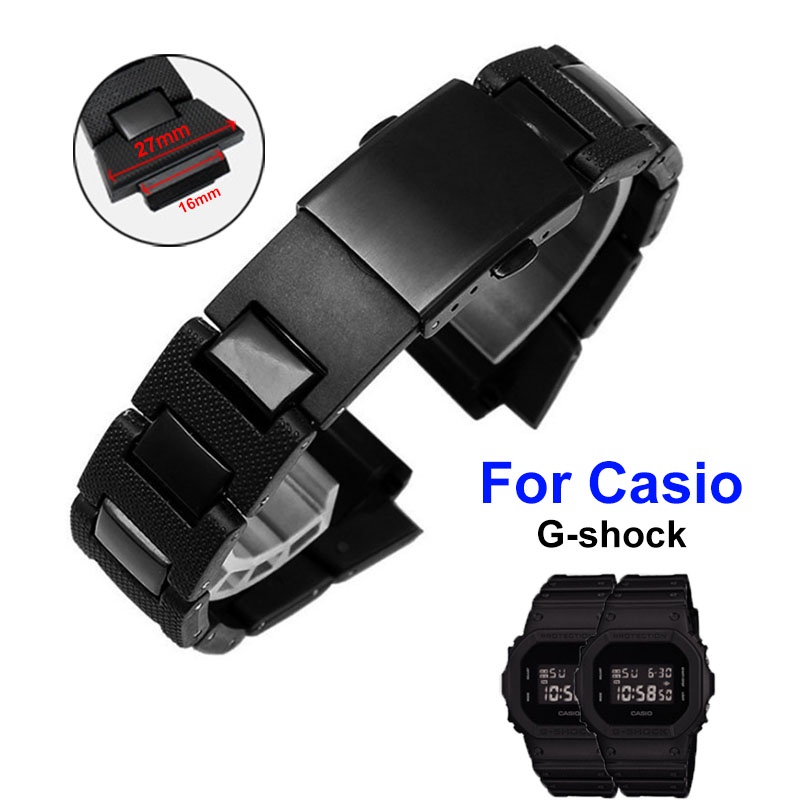 สายนาฬิกาข้อมือ สเตนเลส พลาสติก 16 มม. สีดํา สําหรับ Casio G-shock DW6900 DW9600 GW-M5610 DW5600