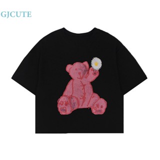 Gjcute เสื้อยืดลําลอง คอกลม แขนสั้น พิมพ์ลายหมี ทรงหลวม แฟชั่นฤดูร้อน สําหรับสตรี WTD