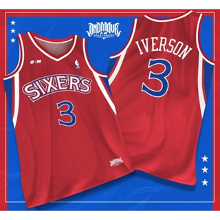 เสื้อกีฬาแขนสั้น ลาย ALLEN IVERSON SIXERS สีแดง สไตล์เรโทร