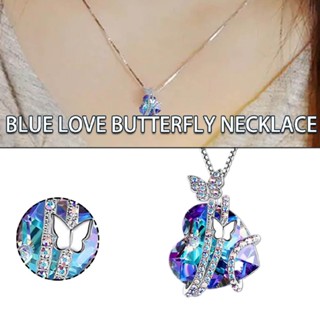 New Blue Heart Crystal Butterfly Pendant Chain Necklace Women Girls Jewellery