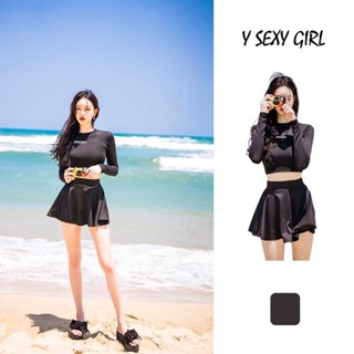 ชุดว่ายน้ำทูพีซ Croptop ชุดว่ายน้ำแขนยาวสีดำขนาดใหญ่สำหรับผู้หญิง