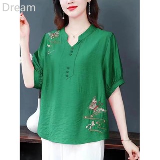 Womens summer new mid-mother shirt short-sleeved shirt fashionable large size cotton and linen embroidered all-match shirt