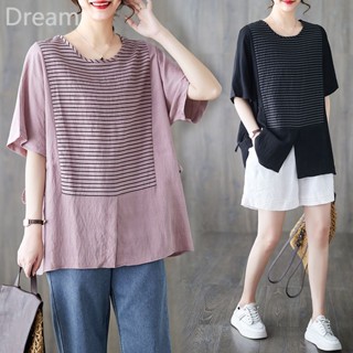 Ice Silk cotton and linen large size womens T-shirt womens summer New loose striped stitching fashion belly-covering top