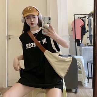 ส่งไวจากไทย SELLDA M-2XL ผู้หญิง สไตล์เกาหลี ลายสกรีนตัวหนังสือ เสื้อกั๊ก โอเวอร์ไซส์ ท็อปส์ซู