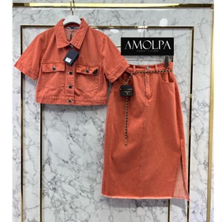 ♥ เช็คสินค้าก่อนสัSET DENIM + MINI CHAIN BELT ชุดเซท เสื้อเชิ้ต แขนสั้น เสื้อยีนส์ + กระโปรง ยีนส์ ผ่าข้าง พราด้า ปราด้า