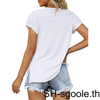เสื้อยืดแขนสั้นลําลอง คอวี แต่งจับจีบ สีพื้น สําหรับผู้หญิง