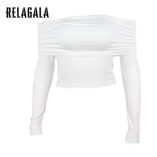 Relagala เสื้อยืดแขนยาว เปิดไหล่ เข้ารูป สีพื้น แฟชั่นเรียบง่าย สําหรับผู้หญิง 2023