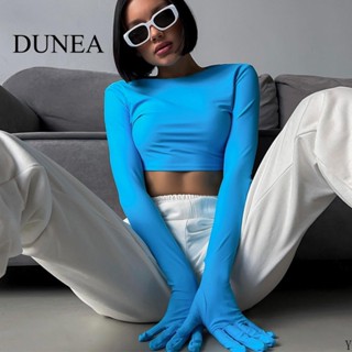 Dunea เสื้อครอปท็อป คอกลม แขนยาว สีพื้น สําหรับผู้หญิง