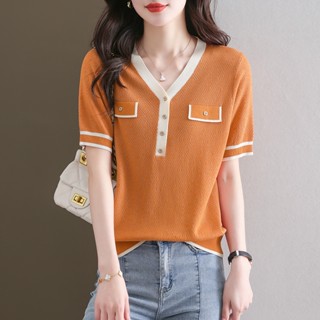 เสื้อยืดแขนสั้น คอวี ผ้าถัก บล็อกสี แบบเรียบง่าย แฟชั่นสําหรับผู้หญิง
