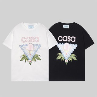 Fashion Casa55bl1anca เสื้อยืดแขนสั้นลําลอง ผ้าฝ้าย พิมพ์ลายสามเหลี่ยม พลัสไซซ์ สําหรับผู้ชาย และผู้หญิง