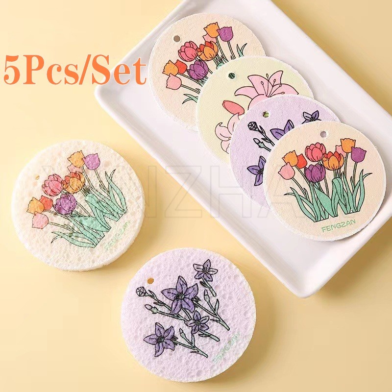 5 ชิ้น / เซต ใช้ซ้ําได้ ครัว ทําความสะอาด ฟองน้ําล้างจาน / น่ารัก ดอกไม้ บีบอัด ขยาย เยื่อไม้ / จานอเนกประสงค์ ฟองน้ําการ์ตูน ทรงกลม สําหรับล้างจาน ครัว Scr