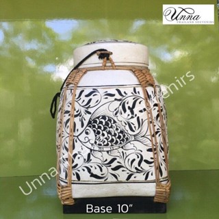 กระติบล้านนา เพ้นท์ลายปลาตะเพียน สีขาวออฟไวท์ handmade storage box Lanna kratip 100% hand painted fish design base 10...