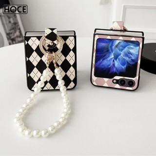 Hoce ZFlip5 เคสโทรศัพท์มือถือ ทรงสี่เหลี่ยมขนมเปียกปูน ประดับไข่มุก พร้อมแหวนขาตั้ง หรูหรา สําหรับ Samsung Galaxy Z Flip 4 Flip4 Flip3 Flip5 5G