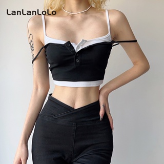 Lanlanlolo เสื้อสายเดี่ยวลําลอง ตัวสั้น เข้ารูป สีตัดกัน สําหรับผู้หญิง 2023