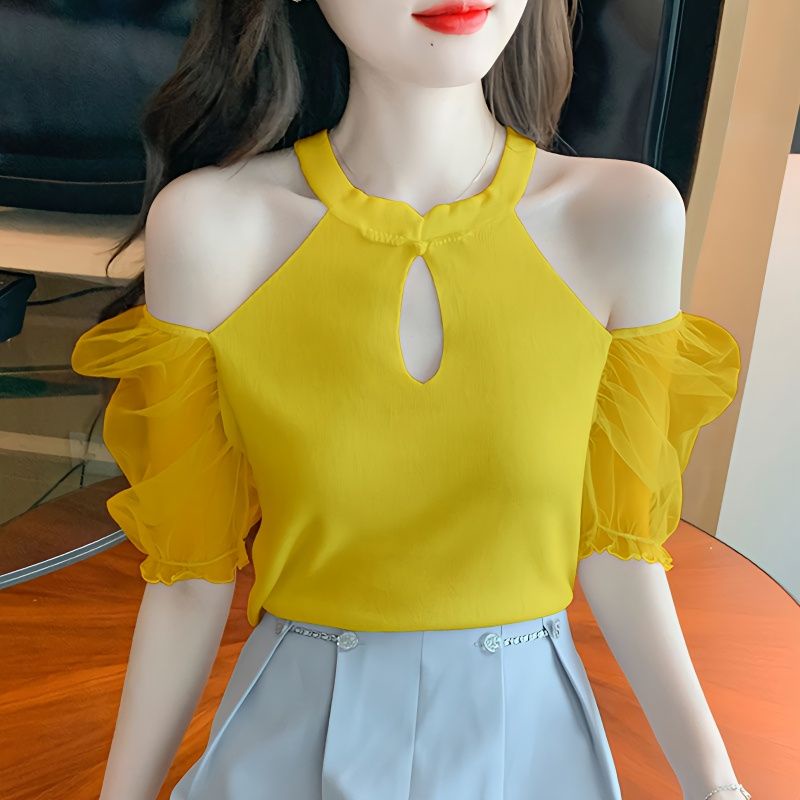 【#405] เสื้อยืดกันหนาว แขนสั้น ผ้าตาข่าย แบบบาง เข้ารูป สไตล์เรโทร เหมาะกับฤดูร้อน สําหรับผู้หญิง