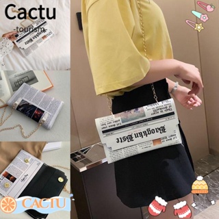 Cactu กระเป๋าสะพายไหล่ หนัง PU ทรงคลัทช์ ทรงสี่เหลี่ยม ลายหนังสือพิมพ์ แบบพกพา เหมาะกับการเดินทาง สําหรับสตรี