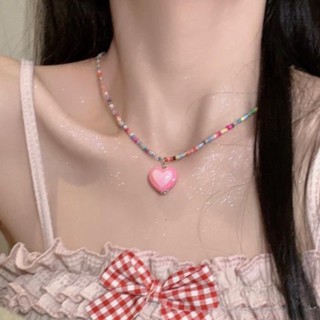 สร้อยคอโซ่ จี้ลูกปัด รูปหัวใจ สีสันสดใส สไตล์เกาหลี สําหรับผู้หญิง