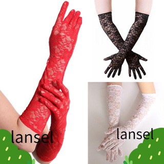 Lansel ถุงมือยาว สีดํา ตาข่าย ลูกไม้ ถุงมือร็อค เซ็กซี่ มุมมอง บางพิเศษ พิมพ์ลายดอกกุหลาบ ถุงมือกันแดด ฮาโลวีน