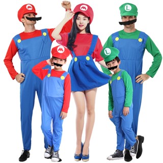 เครื่องแต่งกายคอสเพลย์ Super Mario Bros Mario Luigi พร้อมหมวกเครา สําหรับผู้ใหญ่ เด็ก ปาร์ตี้ฮาโลวีน