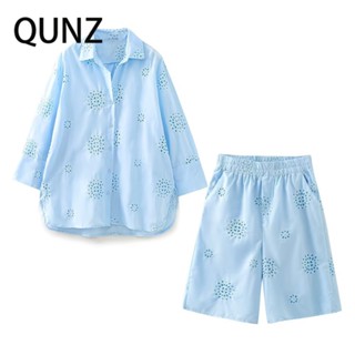 Qunz เสื้อเชิ้ต แขนยาว ปักลาย ฉลุลาย + กางเกงขาสั้น 3243