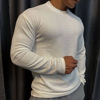 Sports Long-Sleeved Mens T-shirt Sweater Slim Fit Crew Neck Casual Solid Color Pullover Popular Fashion Brand American Fitness Bottoming Shirt Ziwd