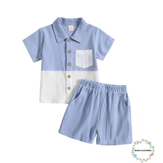 Babyclothes-2 ชิ้น เด็กวัยหัดเดิน ชุดชายหาด แขนสั้น สีตัดกัน กระดุม เสื้อเชิ้ต + กางเกงขาสั้น ชุดเสื้อผ้าฤดูร้อน