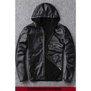 Leather leather coat mens sheepskin leather jacket regular cotton thickened warm lining woolen hooded casual coat Y2DQ