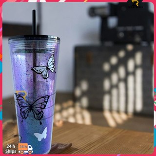 Ready stock Starbucks Transparent Black Butterfly Straw Cup Ps Material Safe Environmental Protection Cup Flash Powder Cup 710ml/24oz ทึ่ง_th