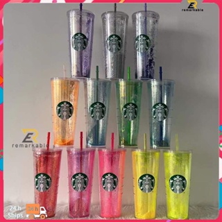 พร้อมส่ง Starbucks Brilliant Water Cup Diamond Straw Cup Double Layer Laser Flashed Powder Straw Cup710ml / 24oz excellent_th