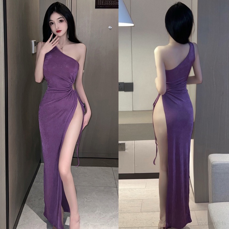 ของขวัญวาเลนไทน์ ชุดเดรสยาว แขนกุด เปิดไหล่ ผ่าข้าง สีพื้น สไตล์เกาหลี เซ็กซี่ สําหรับผู้หญิง