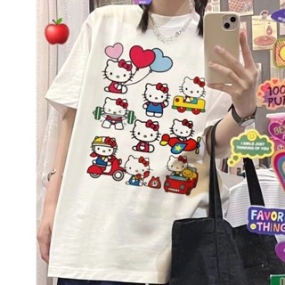 เสื้อยืดแขนสั้นลําลอง ทรงหลวม พิมพ์ลายการ์ตูน Hello Kitty น่ารัก สไตล์ญี่ปุ่น แฟชั่นสําหรับผู้หญิง [RAIN]