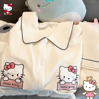 Sanrio ชุดนอนแขนยาว กางเกงขายาว ลายการ์ตูน Hello Kitty My Melody ทรงหลวม สําหรับผู้หญิง [GM]