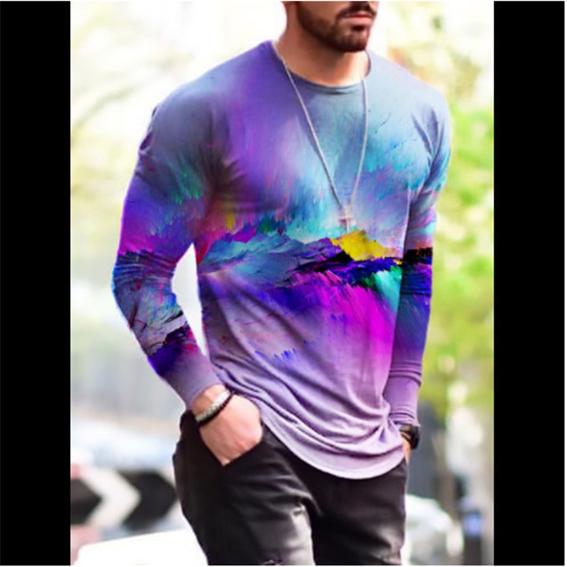 เสื้อยืดลําลอง แขนยาว คอกลม พิมพ์ลายมัดย้อม 3 มิติ ทรงหลวม ขนาดใหญ่ ไล่โทนสี แฟชั่นฤดูใบไม้ร่วง สําหรับผู้ชาย