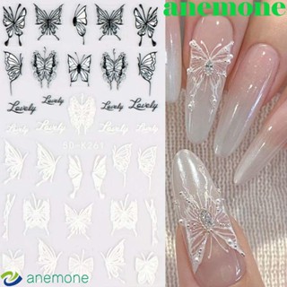 Anemone สติกเกอร์ตกแต่งเล็บ ลายผีเสื้อ ตัวอักษรภาษาอังกฤษ สีขาว สีดํา DIY