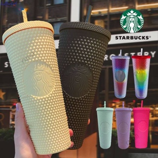 Starbucks Tumbler แก้วน้ํา ลายสก็อต ประดับเพชร สีเงิน ใช้ซ้ําได้