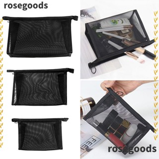 Rosegoods1 แต่งหน้า, กระเป๋าเครื่องสําอางใส ตาข่าย, กระเป๋าถือ พร้อมซิป กระเป๋าตาข่าย สีดํา เดินทาง