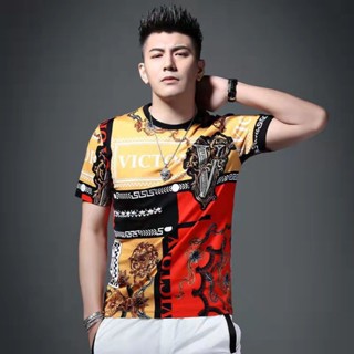 เสื้อยืดคอกลม ผ้าเรยอน พิมพ์ลาย สีตัดกัน สําหรับผู้ชาย