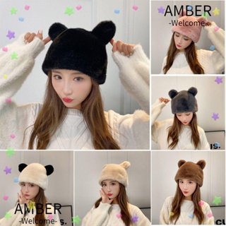 Amber หมวกบักเก็ต แบบสวมหัว แต่งขนเฟอร์ ป้องกันหู ให้ความอบอุ่น สีพื้น แฟชั่นฤดูหนาว สําหรับผู้หญิง