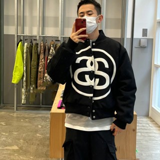 เสื้อแจ็กเก็ตเบสบอล ขนาดใหญ่ พิมพ์ลายโลโก้ Stussy 23SS สไตล์คลาสสิก สําหรับผู้ชาย