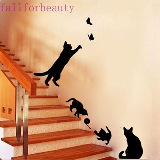 Fallforbeauty สติกเกอร์ติดผนัง รูปแมวเล่น พื้นหลังบันได สําหรับตกแต่งบ้าน