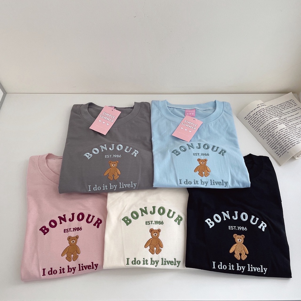 S172 เสื้อยืด oversize ผ้าคอตตอน ปัก น้องหมี bonjour