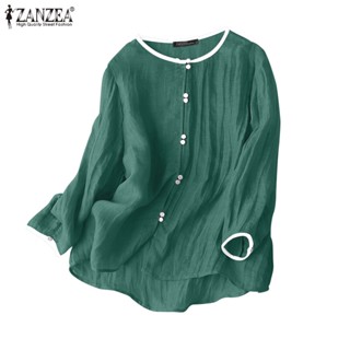 Zanzea เสื้อเชิ้ตแขนยาว ทรงหลวม แต่งกระดุม สีตัดกัน สไตล์เกาหลี สําหรับผู้หญิง