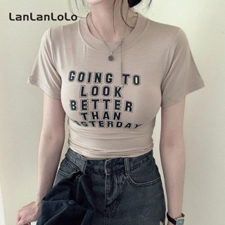 Lanlanlolo เสื้อยืดลําลอง แขนสั้น คอกลม พิมพ์ลายตัวอักษร ทรงสลิม สําหรับสตรี 2023