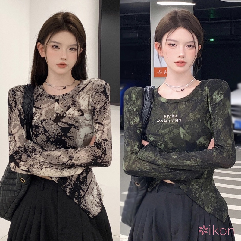 เสื้อยืดแขนยาว คอกลม ผ้าตาข่าย ทรงไม่สมมาตร เข้ารูป สีมัดย้อม สไตล์เกาหลี สําหรับผู้หญิง