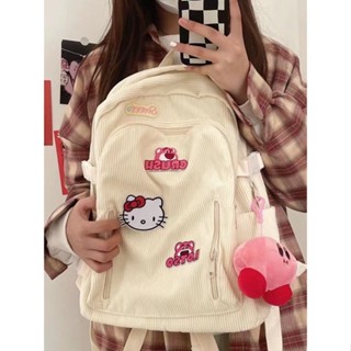 กระเป๋าเป้สะพายหลัง ผ้าลูกฟูก ลาย Hello Kitty KT Cat y2k น่ารัก ของแท้ สําหรับนักเรียนหญิง