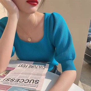 Vintage square collar bubble sleeve short-sleeved T shirt thin style summer new ice silk knitted T-shirt women