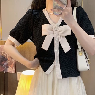 🍒Bee🍒โบว์ หวาน แขนสั้น อารมณ์ หลวม เสื้อเชิ้ต รุ่นสั้น ท็อปส์ เทรนด์