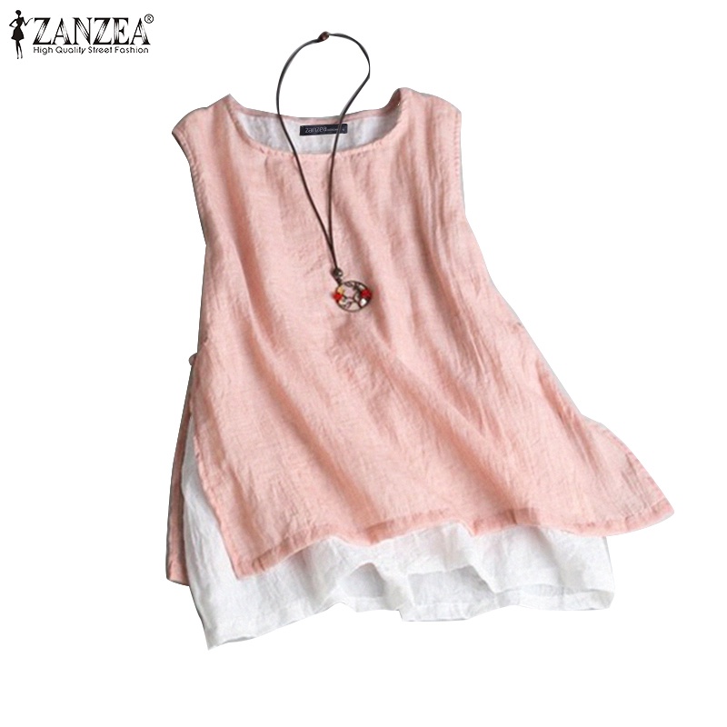 Zanzea เสื้อลําลอง คอกลม แขนกุด ทรงหลวม สีพื้น สําหรับผู้หญิง
